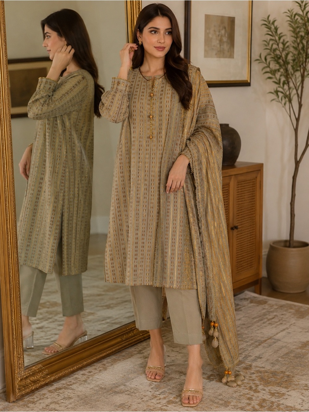 Elegant Women’s Kurta Set in Olive Beige - 3-piece outfit